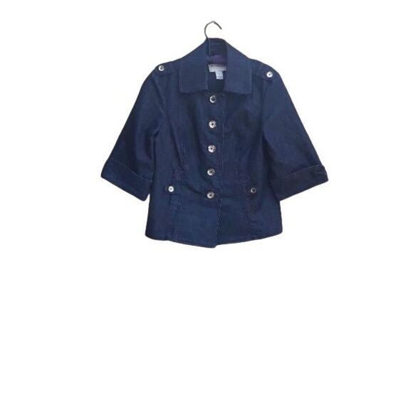 WHBM 90's Military Caped Peacoat Dark Wash Denim Jean Jacket  Button Down Sz 6 - Picture 8 of 8